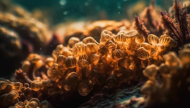 I pesci multicolore della barriera corallina nuotano nelle acque tropicali generate dall'intelligenza artificiale