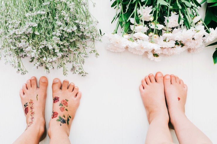 Foto gratuito i piedi dei bambini vicino ai fiori