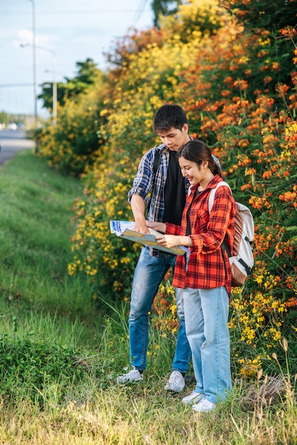 I turisti uomini e donne guardano la mappa vicino ai giardini fioriti.