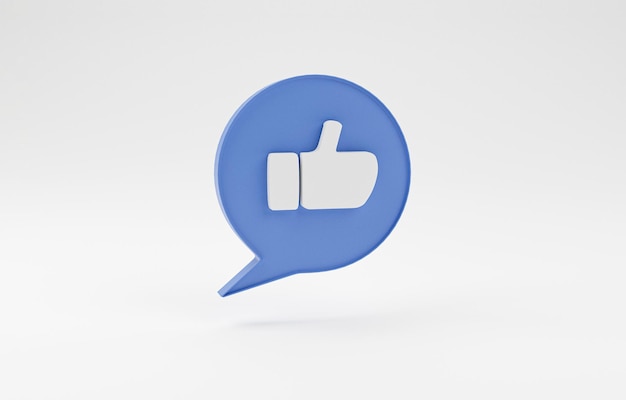 Icona bianca del pollice in su all'interno del fumetto blu del messaggio di testo per l'app mobile web e l'applicazione mediante rendering 3d realistico