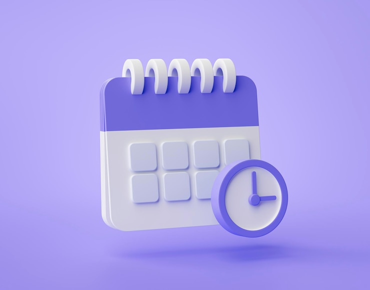 Foto gratuito icona dell'orologio del calendario viola interfaccia utente del sito web di concetto di notifica promemoria 3d su sfondo viola illustrazione di rendering 3d
