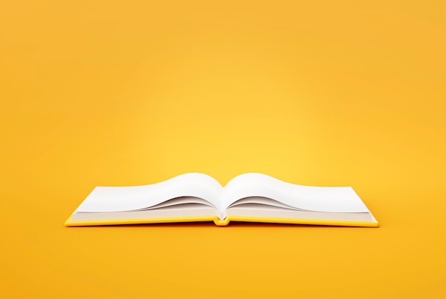 Icona o simbolo del libro aperto su sfondo giallo Rendering 3d del concetto di istruzione o libreria