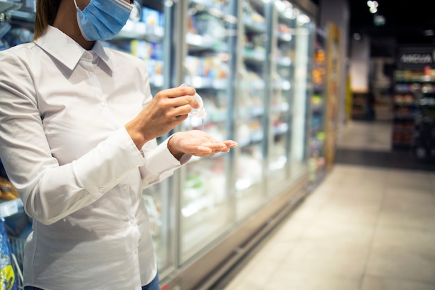 Igienizzazione delle mani contro il virus corona durante la spesa al supermercato