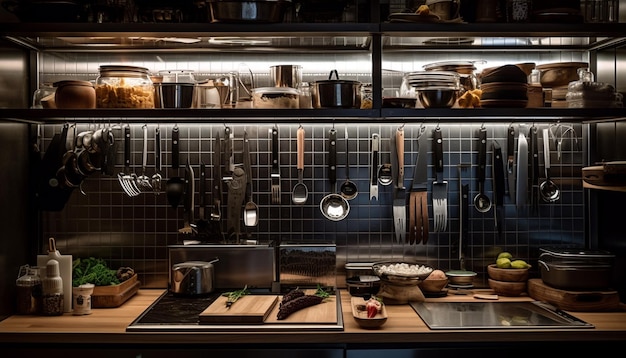 Il bancone della cucina rustica mostra la raccolta di alimenti freschi generata dall'intelligenza artificiale