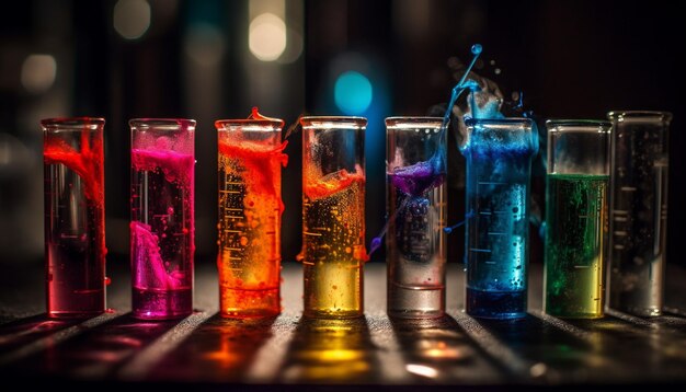 Il bicchiere da cocktail multicolore riflette la vibrante illuminazione del nightclub generata dall'intelligenza artificiale