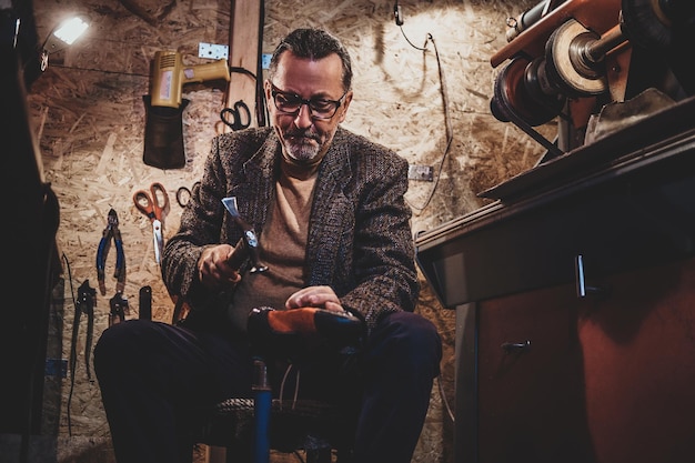 Il calzolaio maturo concentrato sta riparando la suola per gli stivali usando il martello.