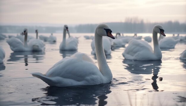 Il cigno muto scivola su un tranquillo laghetto blu generato dall'intelligenza artificiale