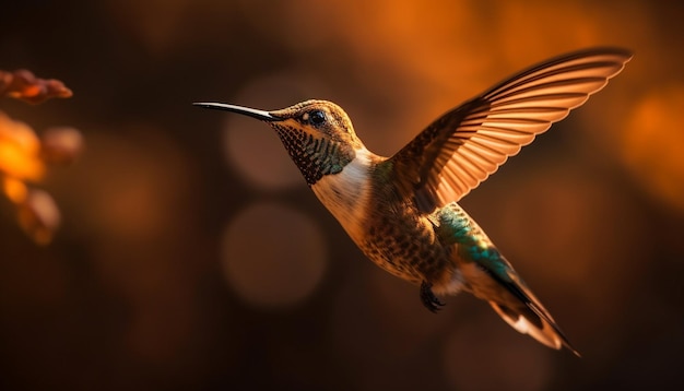 Il colibrì in bilico spiega ali iridescenti a mezz'aria generate dall'intelligenza artificiale