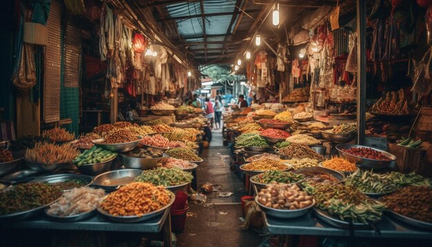 Il colorato mercato del pesce affollato offre un'abbondanza di varietà di pesce fresco generato dall'IA