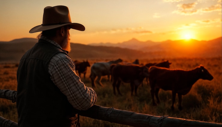 Foto gratuito il cowboy guarda il suo bestiame al tramonto nel ranch.