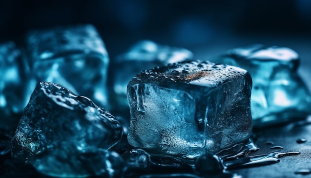 Il cubetto di ghiaccio di cristallo si trova in un rinfrescante liquido blu generato dall'intelligenza artificiale