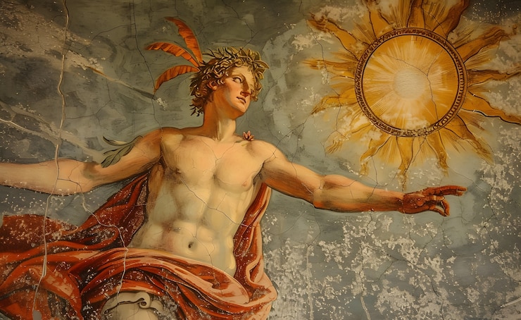 Foto gratuito il dio del sole raffigurato come un uomo potente in un contesto rinascimentale