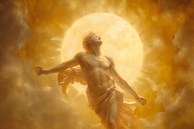 Il dio del sole raffigurato come un uomo potente in un contesto rinascimentale
