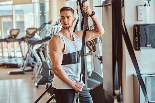 Il giovane bodybuilder attraente sta posando accanto all'apparato di allenamento nella palestra soleggiata.