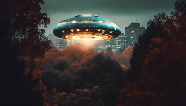Il grattacielo futuristico illumina il paesaggio urbano con un'astronave aliena incandescente che vola sopra la testa generata dall'intelligenza artificiale