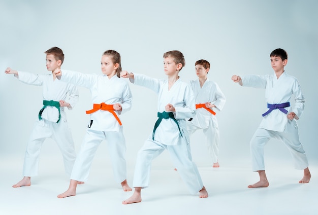 Il gruppo di ragazzi e ragazze che combattono all'Aikido si allena nella scuola di arti marziali. Stile di vita sano e concetto di sport