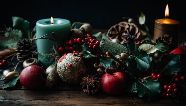 Il lume di candela illumina la decorazione natalizia rustica sul tavolo generata dall'intelligenza artificiale