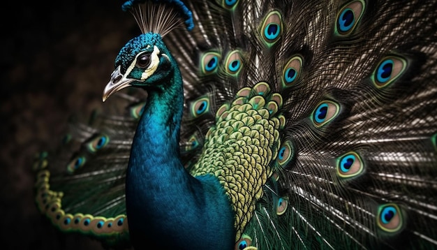 Il maestoso pavone danza con vivaci piume multicolori generate dall'intelligenza artificiale