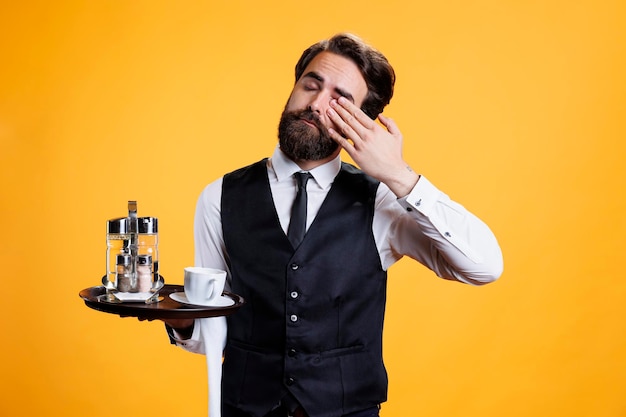 Il maggiordomo sovraccarico di lavoro si allunga in studio.