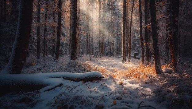 Il misterioso pino si trova nella foresta nebbiosa generata dall'IA