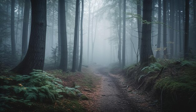 Il mistero della foresta spettrale nella nebbia autunnale generato dall'intelligenza artificiale