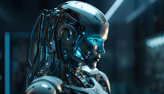 Il moderno ingegnere cyborg progetta macchinari robotici futuristici generati dall'intelligenza artificiale