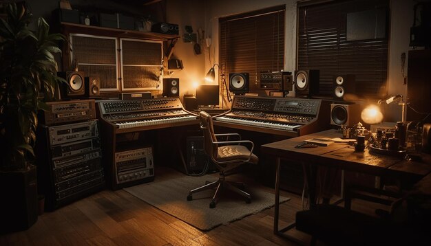 Il musicista moderno suona il pianoforte in un elegante studio generato dall'intelligenza artificiale
