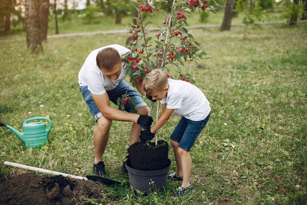 Il padre con il piccolo figlio sta piantando un albero su un'iarda