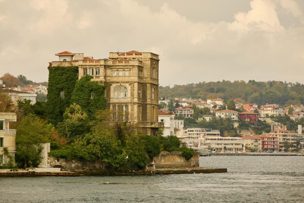 Il paesaggio urbano con edifici antichi e moderni a Istanbul in Turchia dallo stretto del Bosforo in una giornata di sole con sfondo cielo nuvoloso