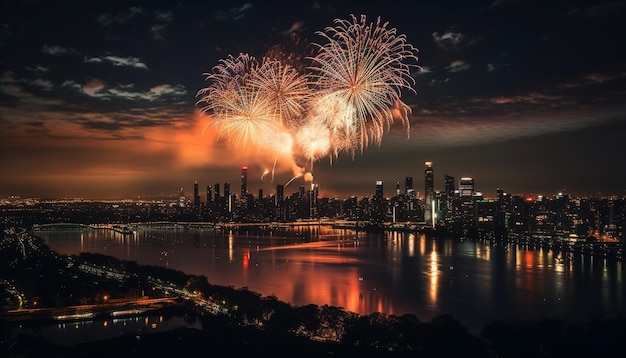 Il paesaggio urbano illuminato esplode in una vibrante celebrazione di fuochi d'artificio generati dall'intelligenza artificiale