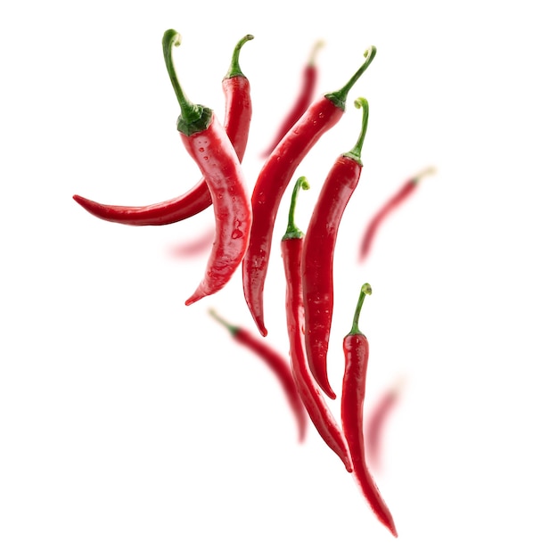 Il peperoncino rosso levita su uno sfondo bianco