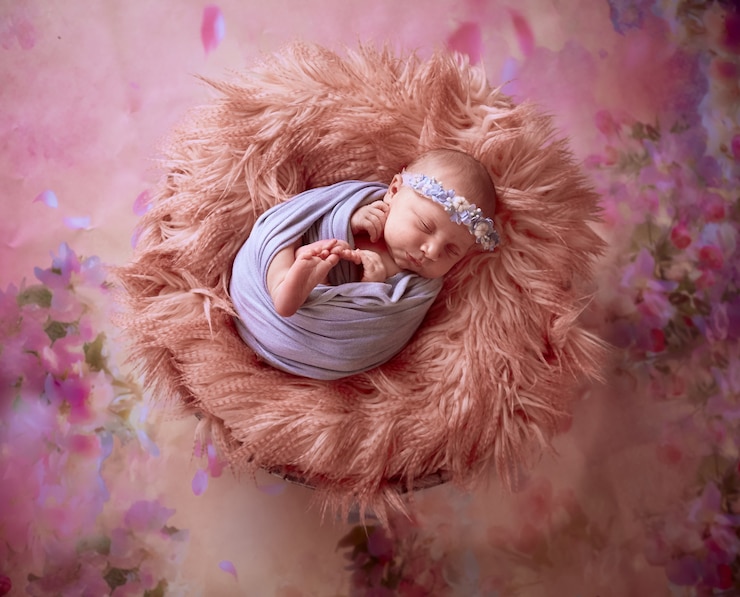 Foto gratuito il piccolo bambino giace nel cestino con il plaid