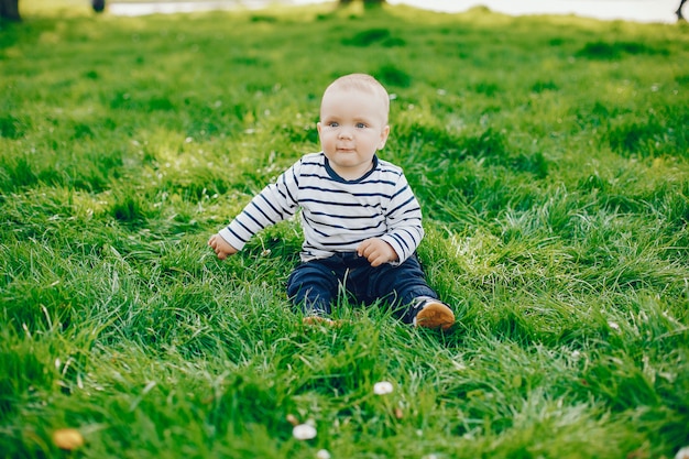 il piccolo ragazzo bello sveglio si siede su un&#39;erba verde in un parco soleggiato dell&#39;estate