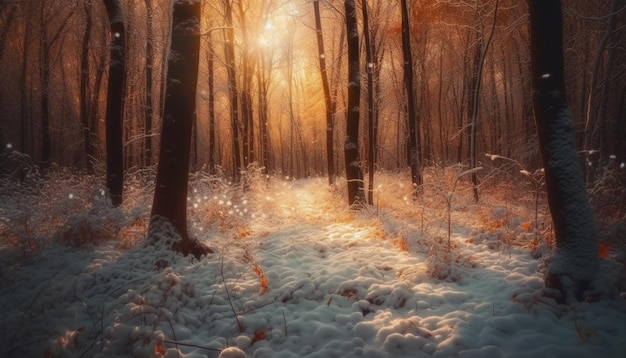 Il pino illuminato dal sole si erge alto nella foresta invernale generata dall'IA