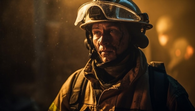 Il pompiere caucasico in abiti da lavoro protettivi combatte contro le fiamme dell'intelligenza artificiale generativa