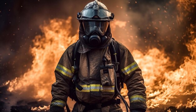 Il pompiere in equipaggiamento protettivo combatte contro l'inferno infuriato generato dall'intelligenza artificiale
