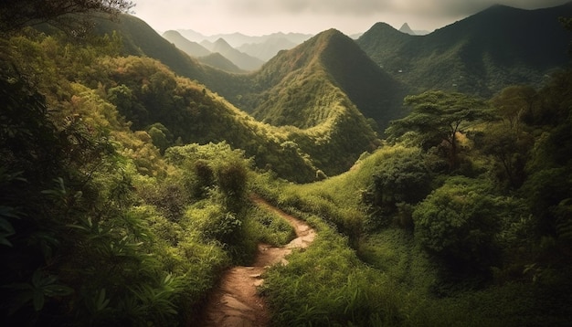 Il prato verde conduce al tranquillo picco di montagna generato dall'intelligenza artificiale