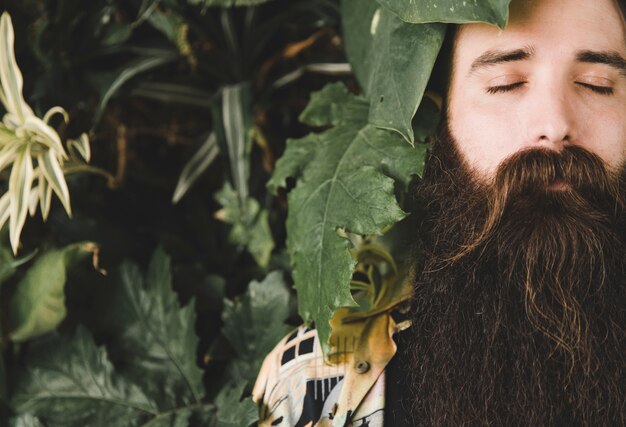 Il primo piano delle foglie della pianta si avvicina al fronte dell&#39;uomo con gli occhi chiusi e la barba lunga