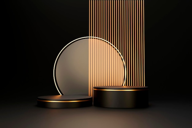 Il prodotto del piedistallo del podio di lusso nero e oro mostra lo sfondo del rendering 3d
