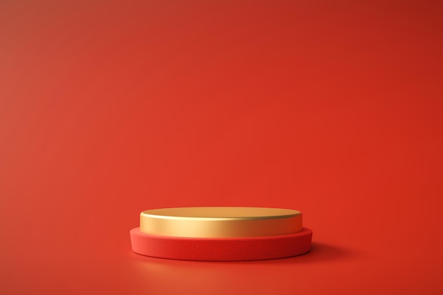 Il prodotto del piedistallo del podio rosso e oro mostra il rendering 3D di lusso per il capodanno cinese o il giorno di San Valentino