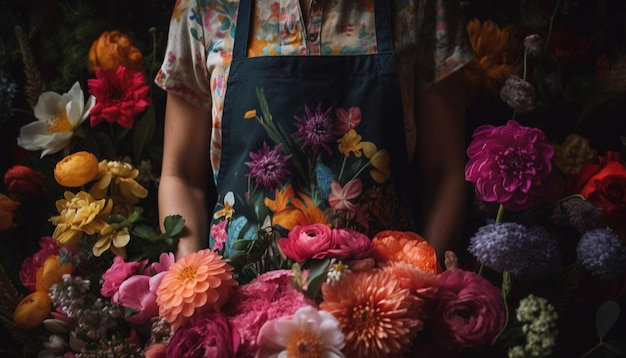 Il proprietario del negozio di fiori crea allegri arrangiamenti creativi generati dall'intelligenza artificiale