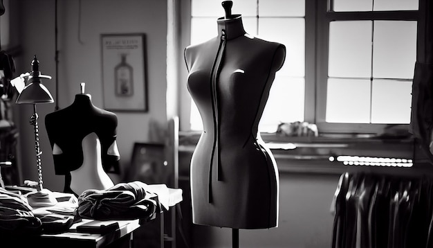 Il proprietario della boutique alla moda misura il vestito in studio in bianco e nero generato dall'intelligenza artificiale