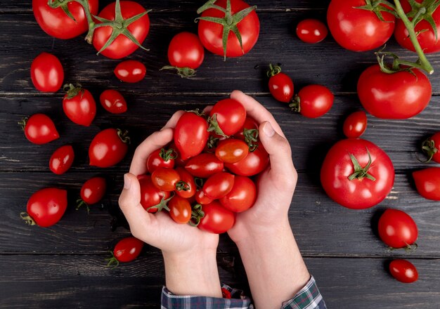 Il punto di vista superiore della donna passa i pomodori della tenuta con altri sulla tavola di legno