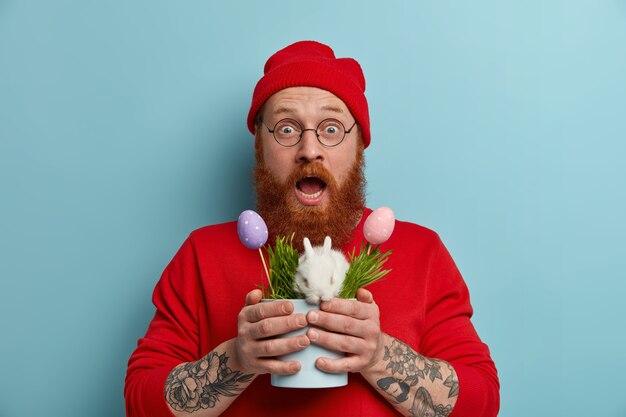 Il ragazzo hipster con la barba sbalordito e meravigliato tiene una pentola con un piccolo coniglietto pasquale bianco e soffice e uova decorate, simbolo della primavera e delle vacanze, indossa cappello rosso, maglione e occhiali, posa sul muro blu