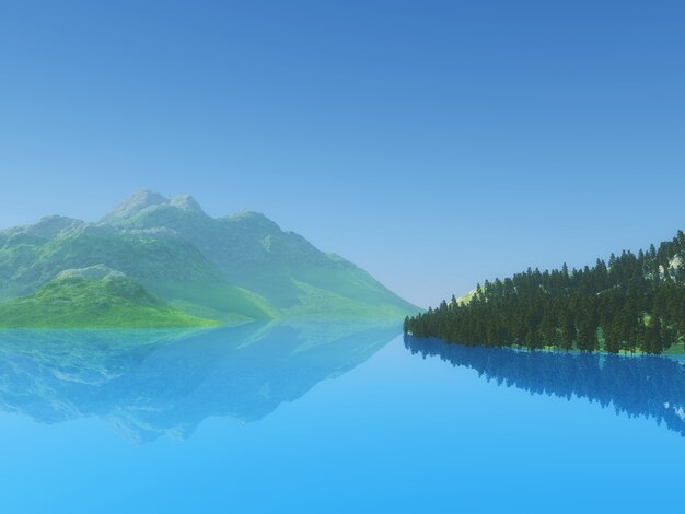 Il rendering 3D di colline e alberi con l&#39;acqua ancora blu