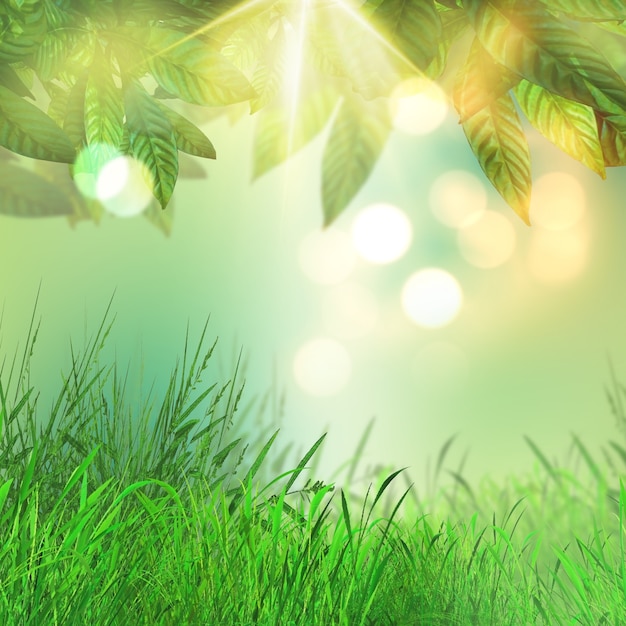 Il rendering 3D di foglie e erba su uno sfondo luci bokeh