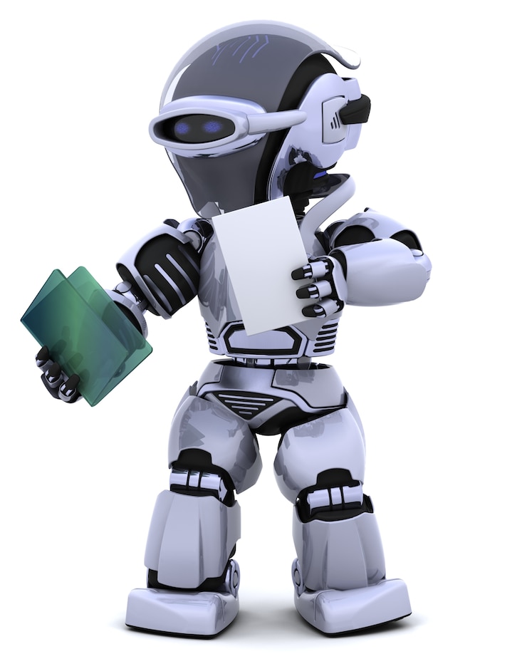 Foto gratuito il rendering 3d di robot con documenti e cartelle