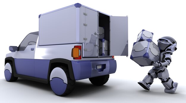 Il rendering 3D di scatole robot di carico nella parte posteriore di un camion