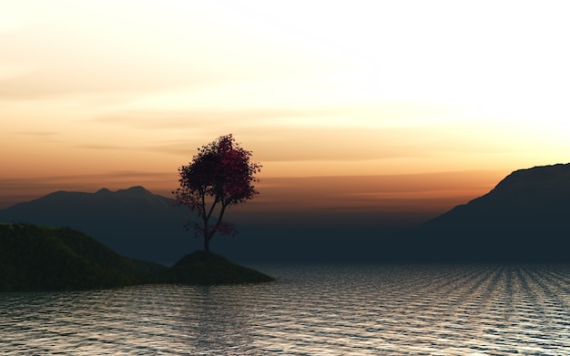 Il rendering 3D di un albero di acero giapponese su un&#39;isola erbosa in mare contro un cielo al tramonto