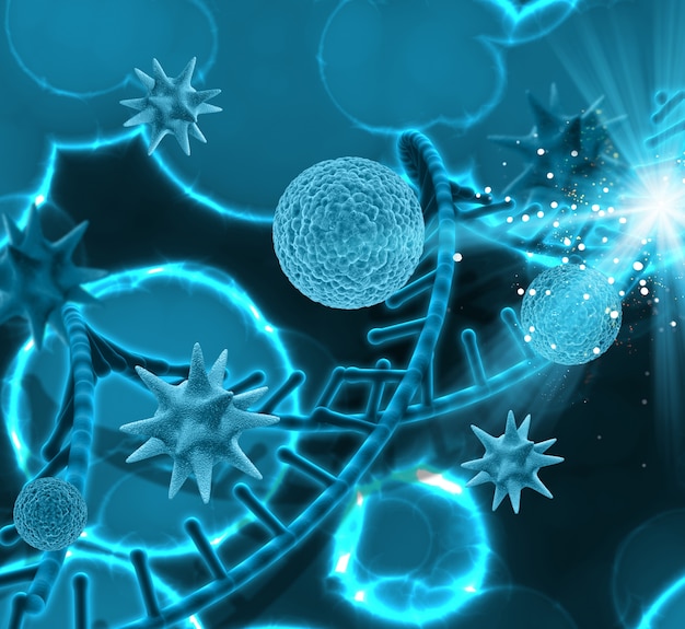 Il rendering 3D di un background medico con filamenti di DNA e le cellule del virus differenti
